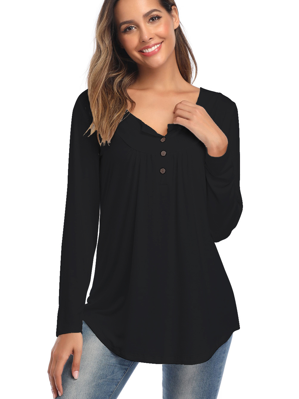 Amazon Popular 2019 Autumn New Large Size Dress V-neck Button Long-Sleeved Upper Garment Plain Pleated Loose T-shirt Amazon Popular 2019 Autumn New Large Size Dress V-neck Button Long-Sleeved Upper Garment Plain Pleated Loose T-shirt