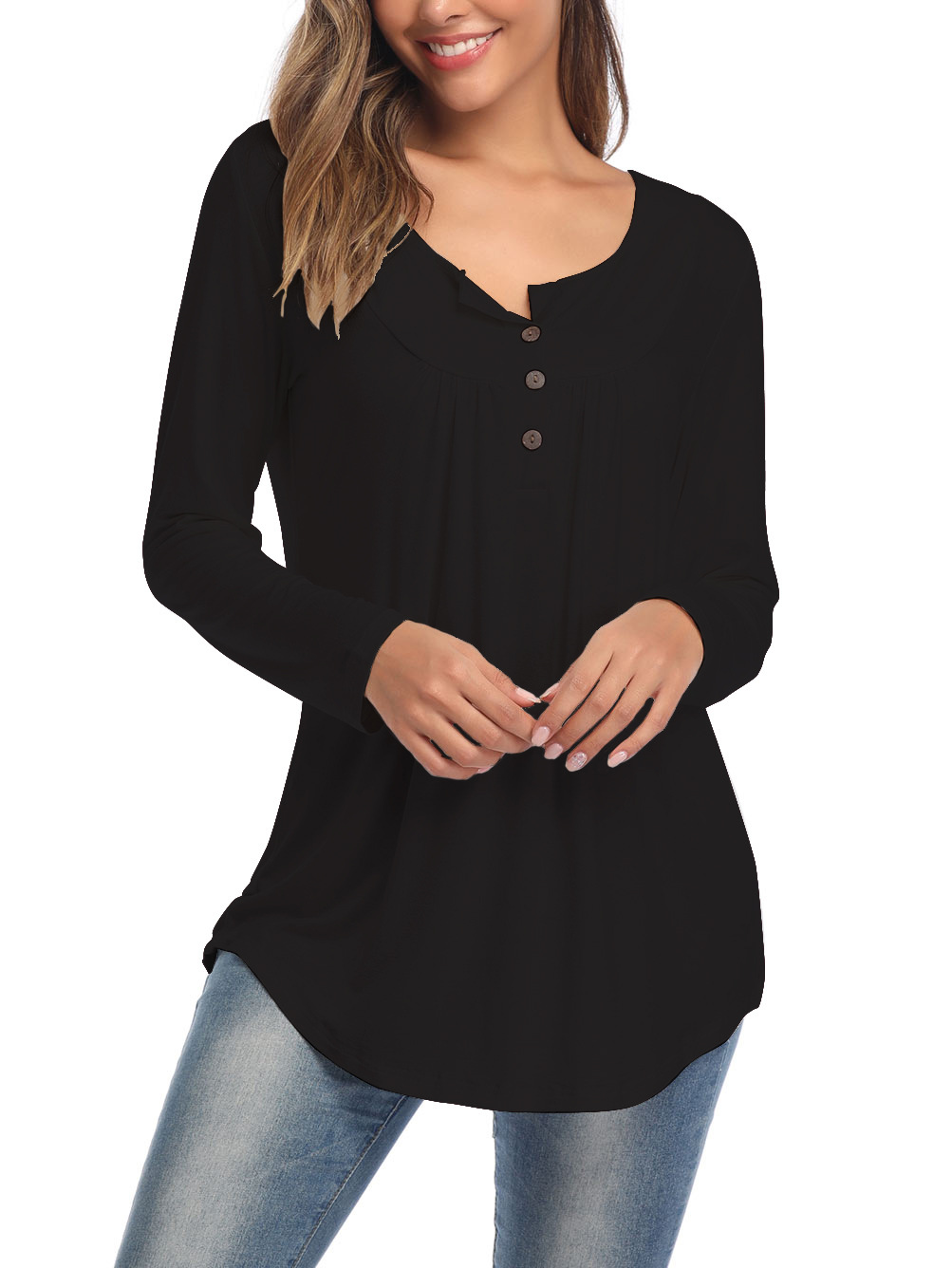 Amazon Popular 2019 Autumn New Large Size Dress V-neck Button Long-Sleeved Upper Garment Plain Pleated Loose T-shirt Amazon Popular 2019 Autumn New Large Size Dress V-neck Button Long-Sleeved Upper Garment Plain Pleated Loose T-shirt