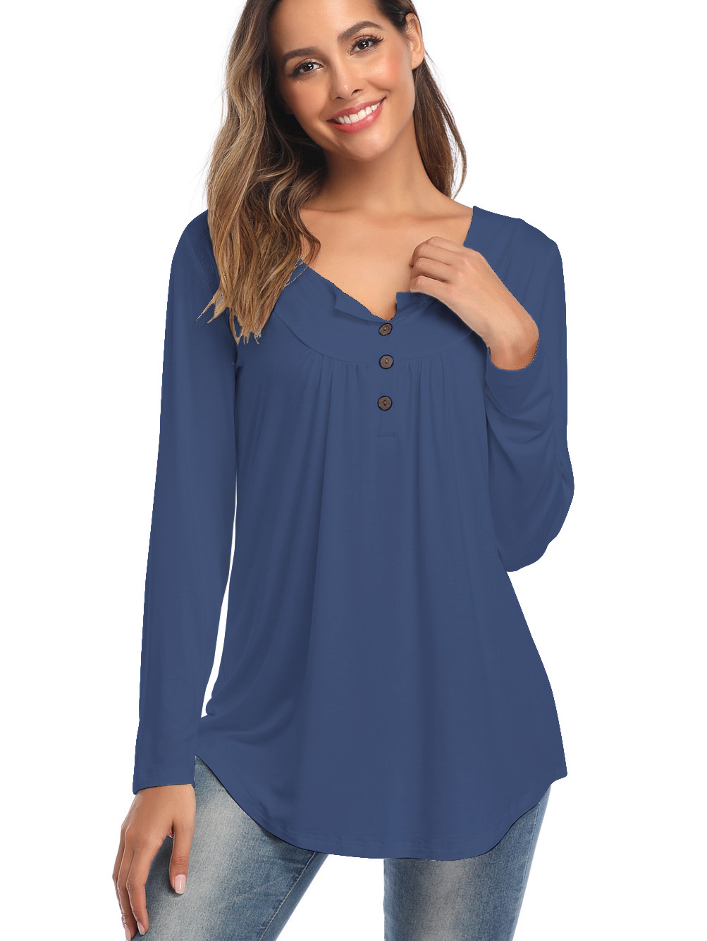 Amazon Popular 2019 Autumn New Large Size Dress V-neck Button Long-Sleeved Upper Garment Plain Pleated Loose T-shirt Amazon Popular 2019 Autumn New Large Size Dress V-neck Button Long-Sleeved Upper Garment Plain Pleated Loose T-shirt