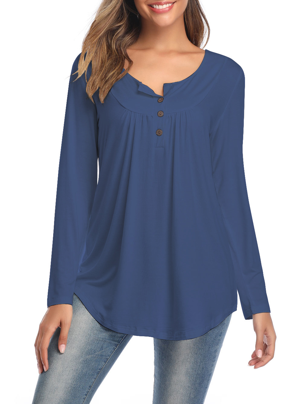 Amazon Popular 2019 Autumn New Large Size Dress V-neck Button Long-Sleeved Upper Garment Plain Pleated Loose T-shirt Amazon Popular 2019 Autumn New Large Size Dress V-neck Button Long-Sleeved Upper Garment Plain Pleated Loose T-shirt