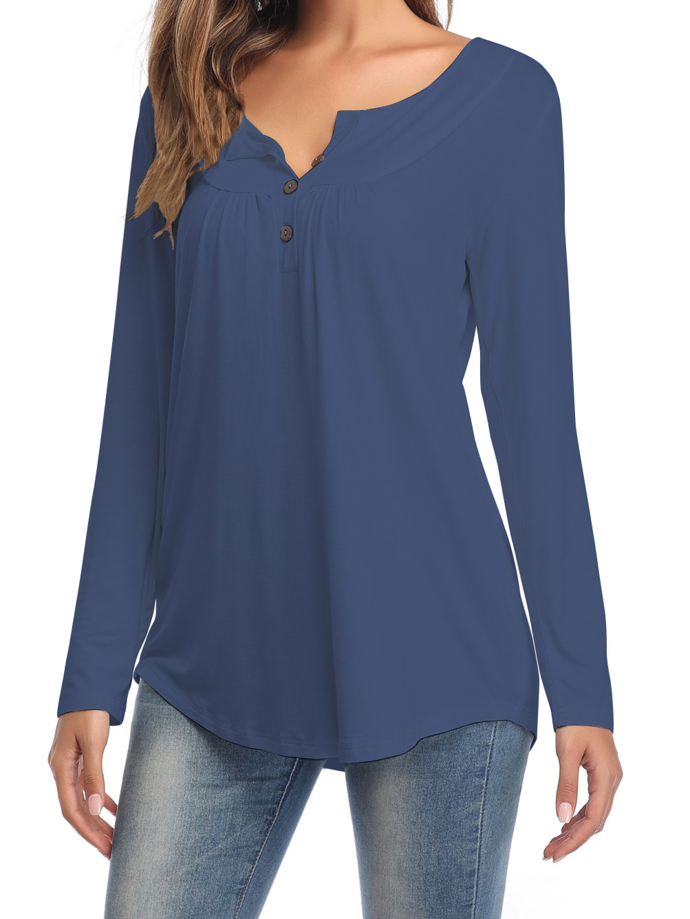Amazon Popular 2019 Autumn New Large Size Dress V-neck Button Long-Sleeved Upper Garment Plain Pleated Loose T-shirt Amazon Popular 2019 Autumn New Large Size Dress V-neck Button Long-Sleeved Upper Garment Plain Pleated Loose T-shirt