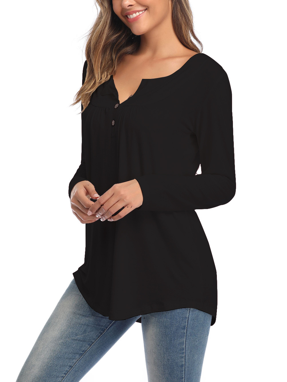 Amazon Popular 2019 Autumn New Large Size Dress V-neck Button Long-Sleeved Upper Garment Plain Pleated Loose T-shirt Amazon Popular 2019 Autumn New Large Size Dress V-neck Button Long-Sleeved Upper Garment Plain Pleated Loose T-shirt