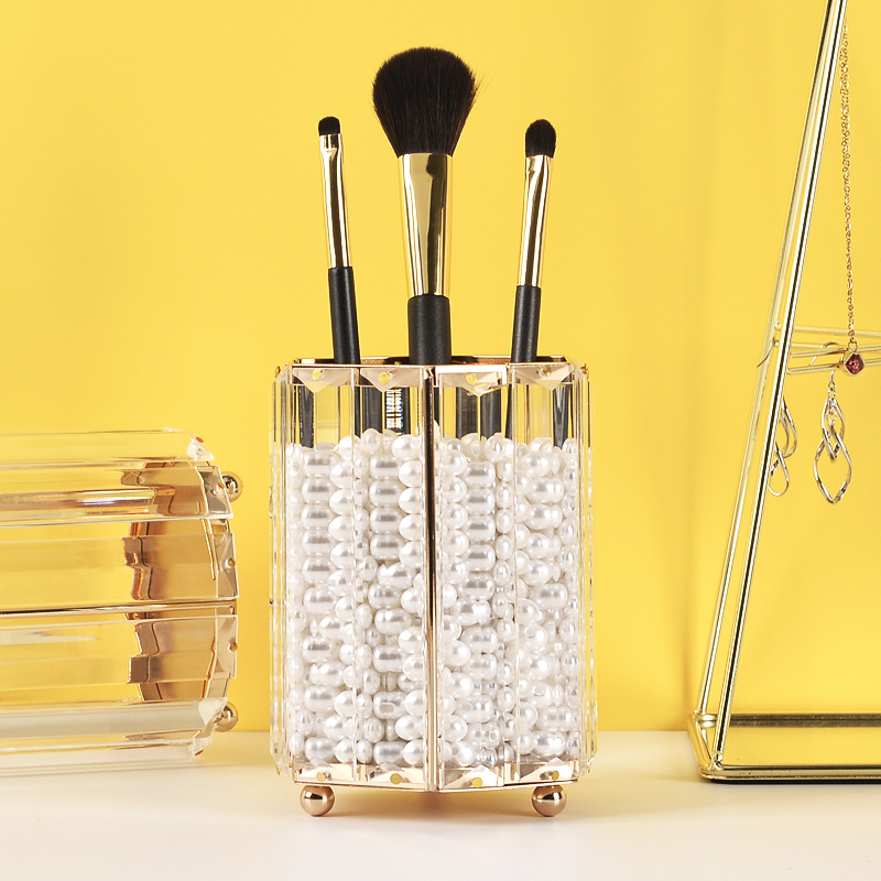 Creative Makeup Brush Holder Nordic Golden Glass Vase Eyebrow Pencil Beauty Container Geometric Pen Container Multifunctional Storage Box