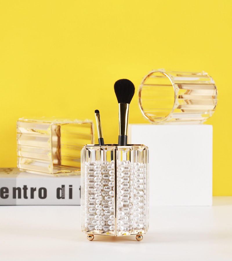 Creative Makeup Brush Holder Nordic Golden Glass Vase Eyebrow Pencil Beauty Container Geometric Pen Container Multifunctional Storage Box