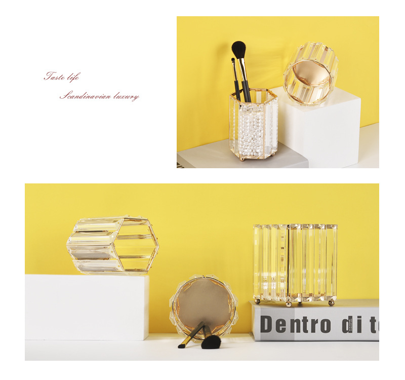 Creative Makeup Brush Holder Nordic Golden Glass Vase Eyebrow Pencil Beauty Container Geometric Pen Container Multifunctional Storage Box