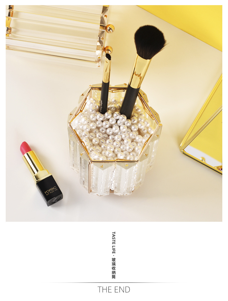 Creative Makeup Brush Holder Nordic Golden Glass Vase Eyebrow Pencil Beauty Container Geometric Pen Container Multifunctional Storage Box