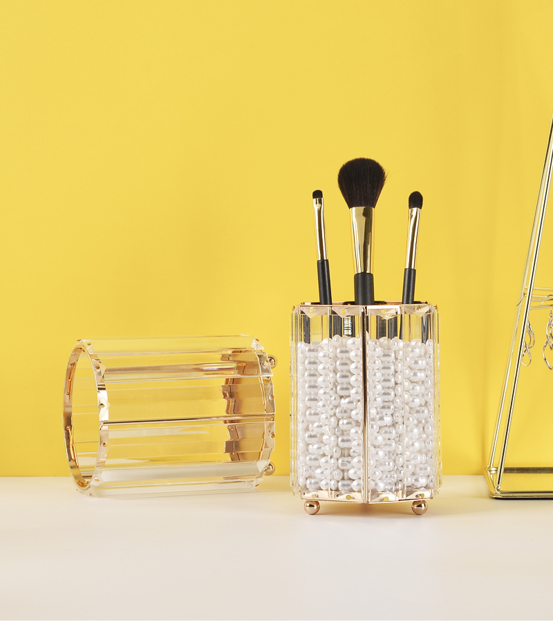 Creative Makeup Brush Holder Nordic Golden Glass Vase Eyebrow Pencil Beauty Container Geometric Pen Container Multifunctional Storage Box