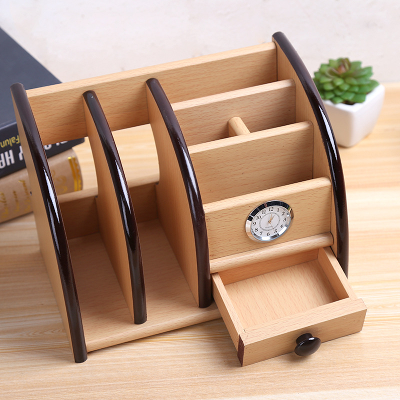 Supply Creative with Clock Desktop Storage Pencil Vase Decoration Wooden Multi-Functional Remote Control Rack Storage Tool Wholesale