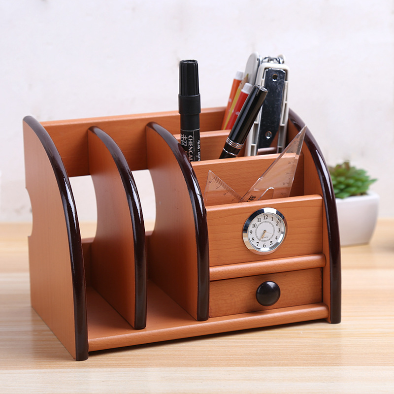 Supply Creative with Clock Desktop Storage Pencil Vase Decoration Wooden Multi-Functional Remote Control Rack Storage Tool Wholesale
