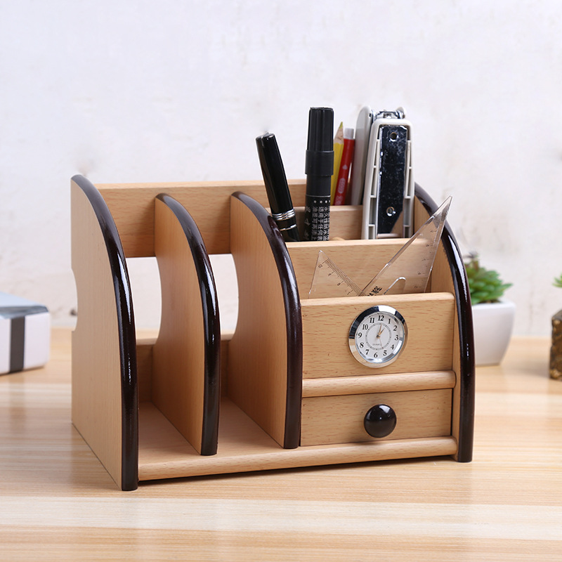 Supply Creative with Clock Desktop Storage Pencil Vase Decoration Wooden Multi-Functional Remote Control Rack Storage Tool Wholesale