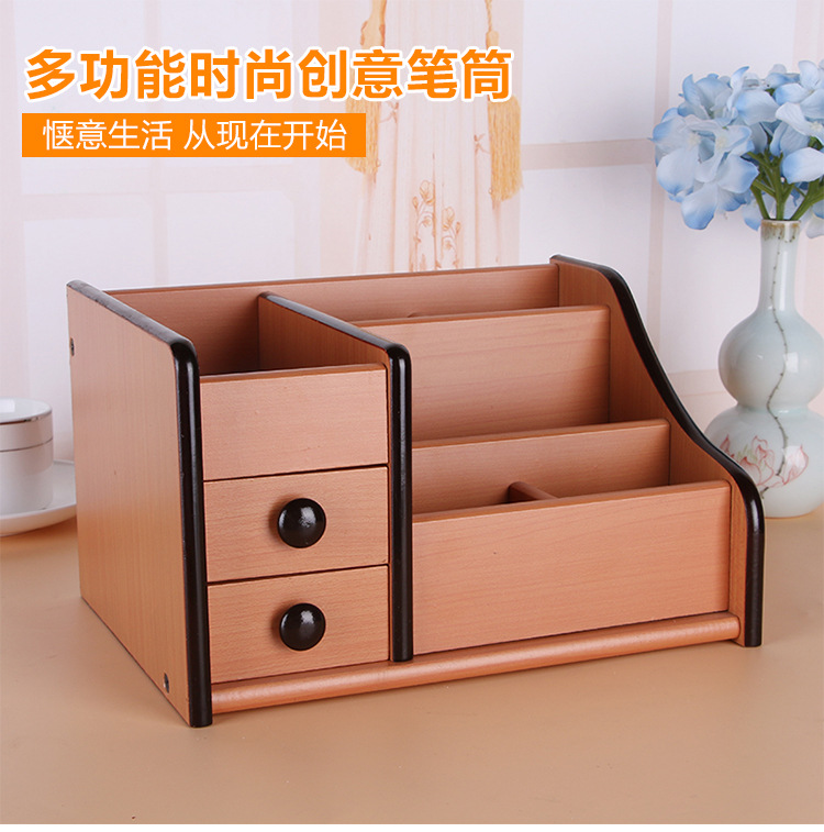Supply High Quality Wood Board Multi-Function Storage with Drawer Pencil Vase Decoration Office Desk Surface Panel Stationery Storage Box