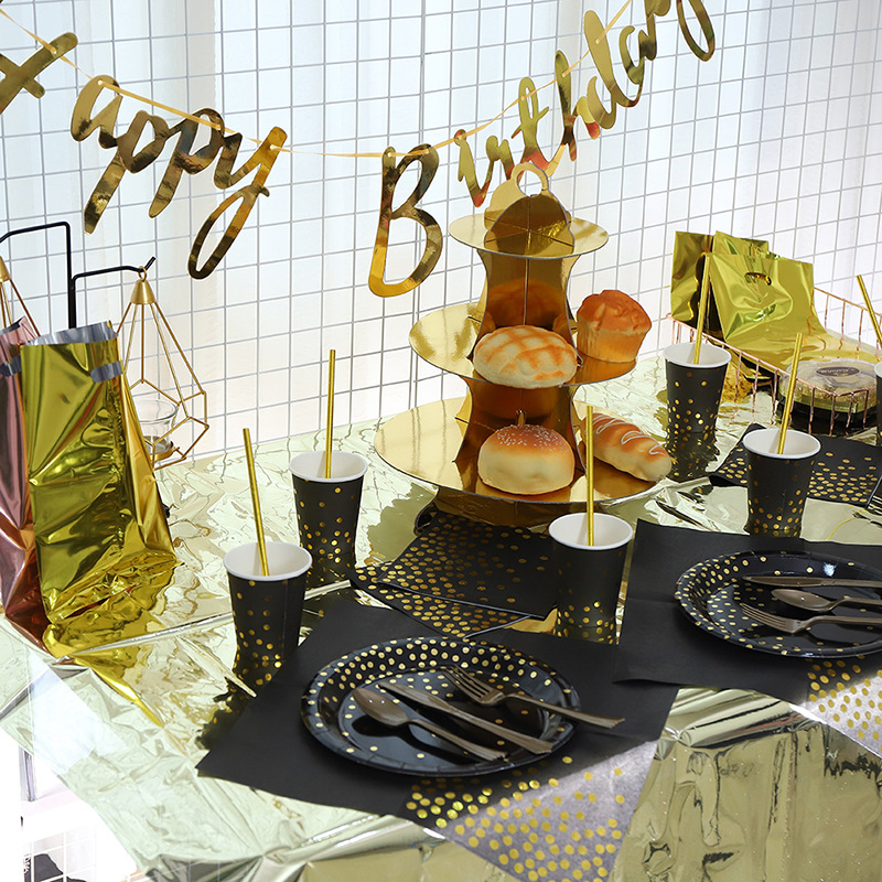 European and American Bronzing Black Polka Dot Tableware Thickened Paper Cup Pie Paper Pallet Golden Knife, Fork and 