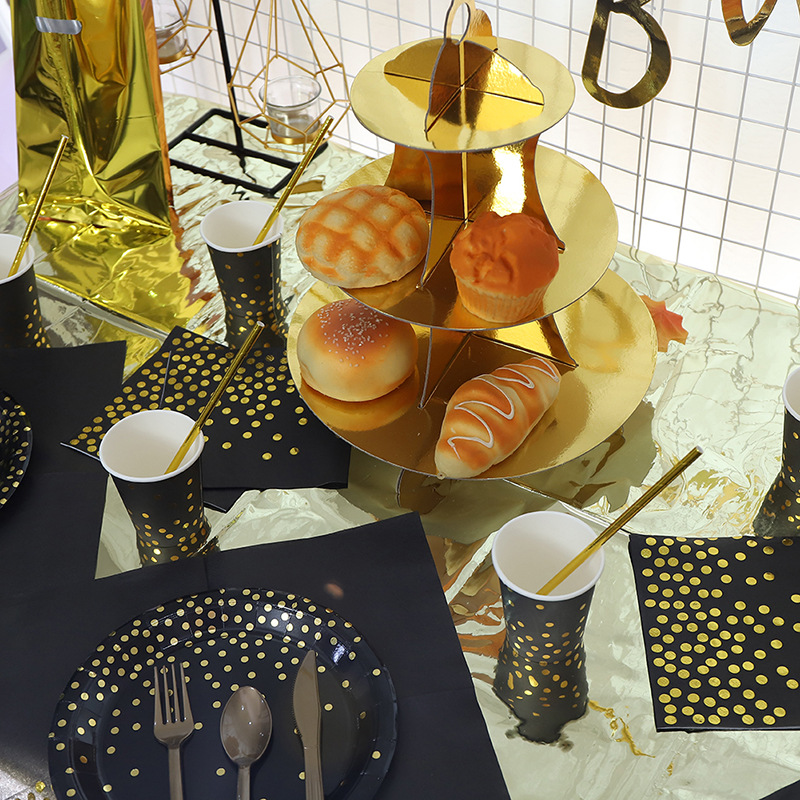 European and American Bronzing Black Polka Dot Tableware Thickened Paper Cup Pie Paper Pallet Golden Knife, Fork and 
