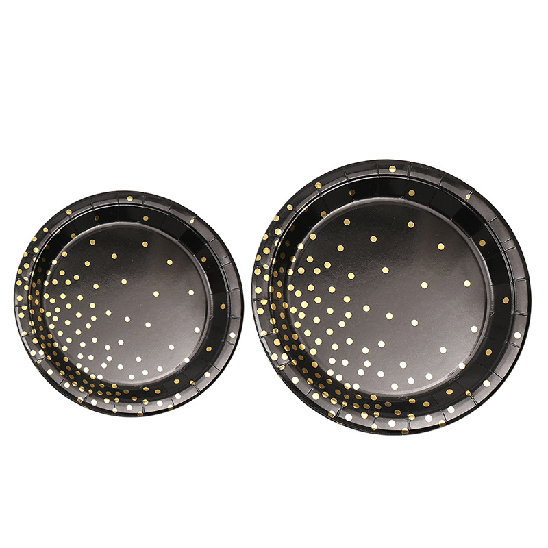 European and American Bronzing Black Polka Dot Tableware Thickened Paper Cup Pie Paper Pallet Golden Knife, Fork and European and American Bronzing Black Polka Dot Tableware Thickened Paper Cup Pie Paper Pallet Golden Knife, Fork and