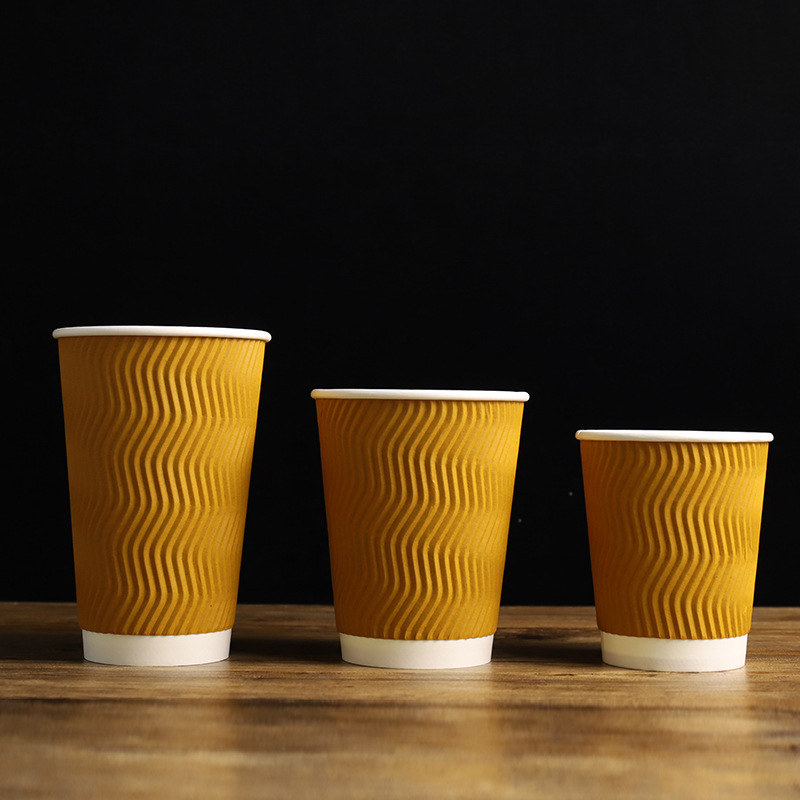 Internet Celebrity Three-Layer Anti-Scald Fine Corrugated Paper Cup Thickened Commercial Hot Drink Paper Cup Non-Slip Disposable Coffee Paper Cup with Lid