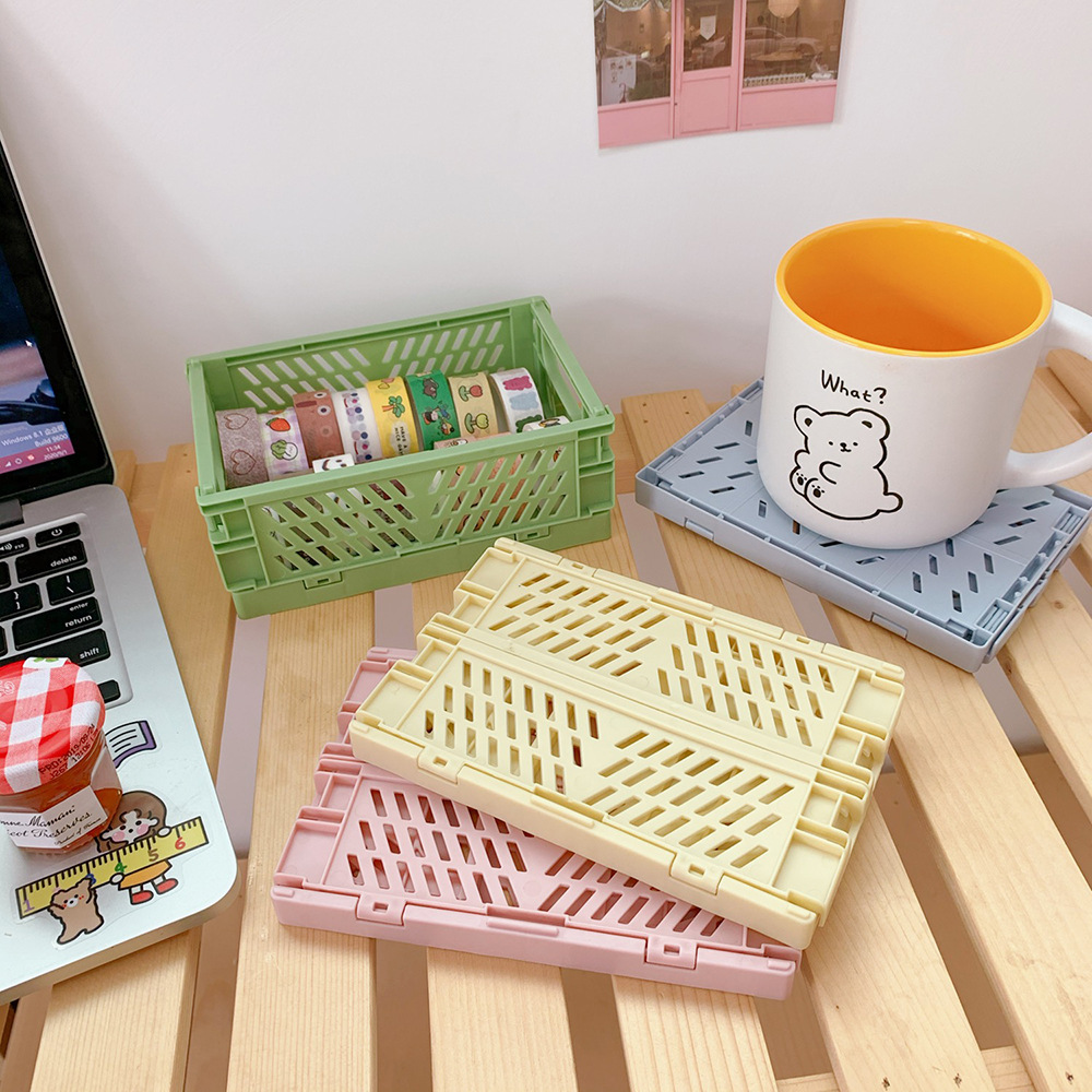 Korean Mini Folding Plastic Storage Box Student Desktop Finishing Journal Tape Stationery Skin Care Products Small Storage Basket