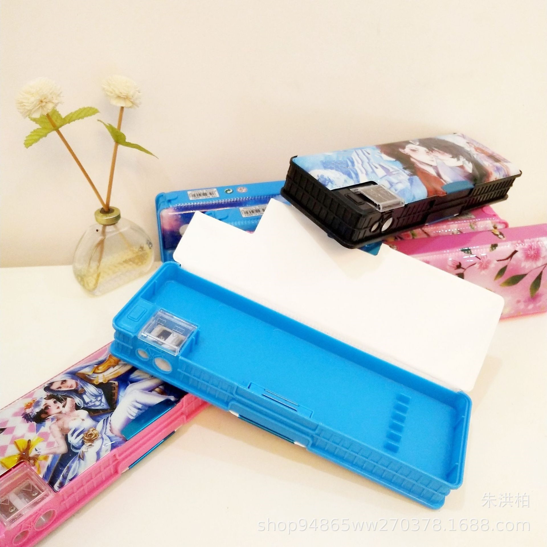 Double-Sided Plastic Pencil-Box for Primary and Secondary School Students Pencil Box Double Open with Double Holes Pencil Sharpener Gift Stationery Wholesale