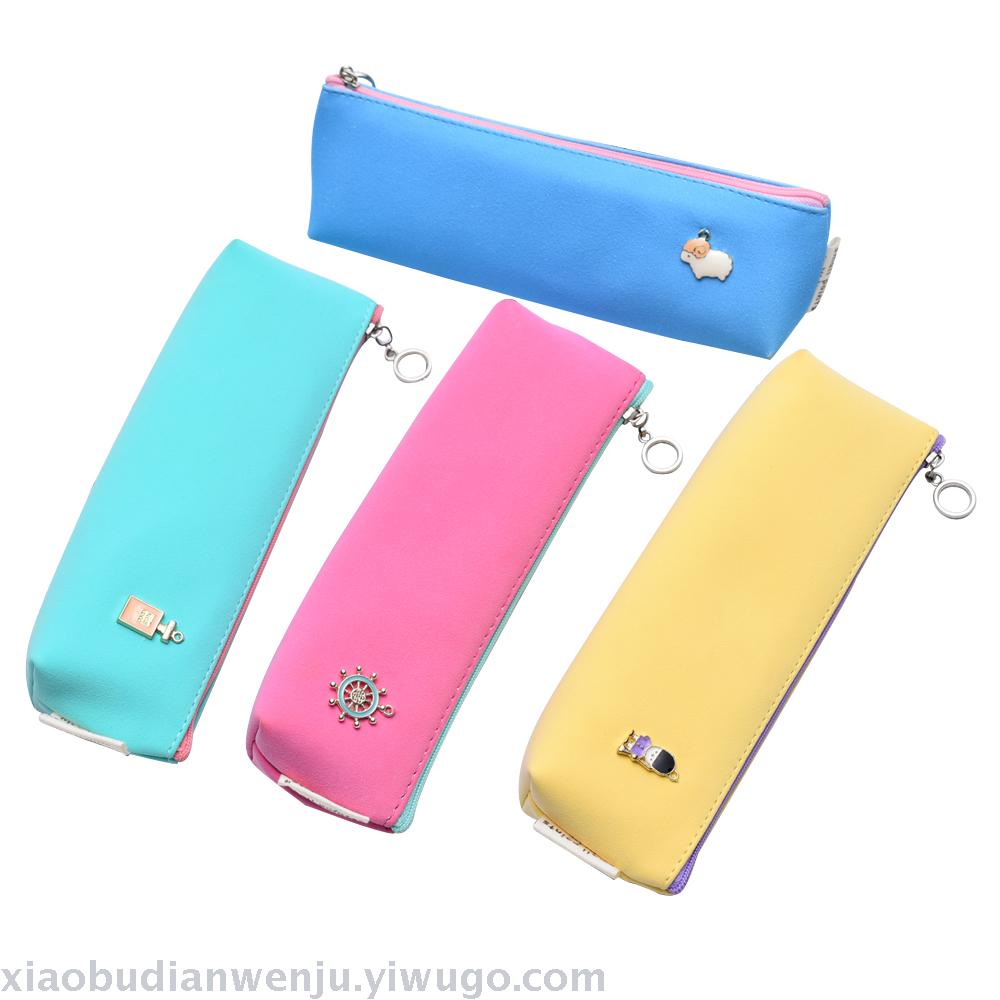 Creative and simple primary and secondary school students wave point girl PU pen bag boys and girls cute little fresh Korean stationery wholesale