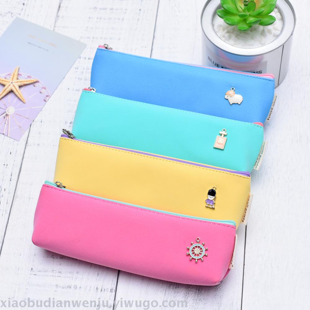 Creative and simple primary and secondary school students wave point girl PU pen bag boys and girls cute little fresh Korean stationery wholesale