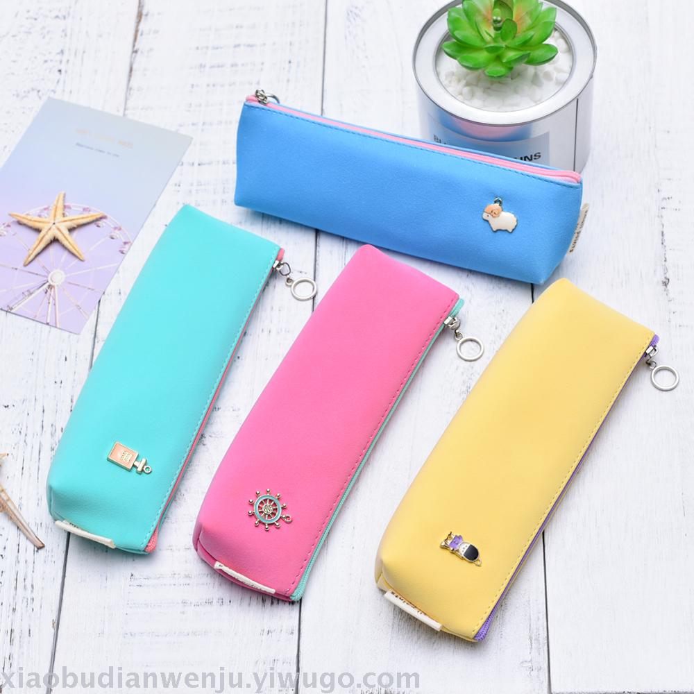 Creative and simple primary and secondary school students wave point girl PU pen bag boys and girls cute little fresh Korean stationery wholesale