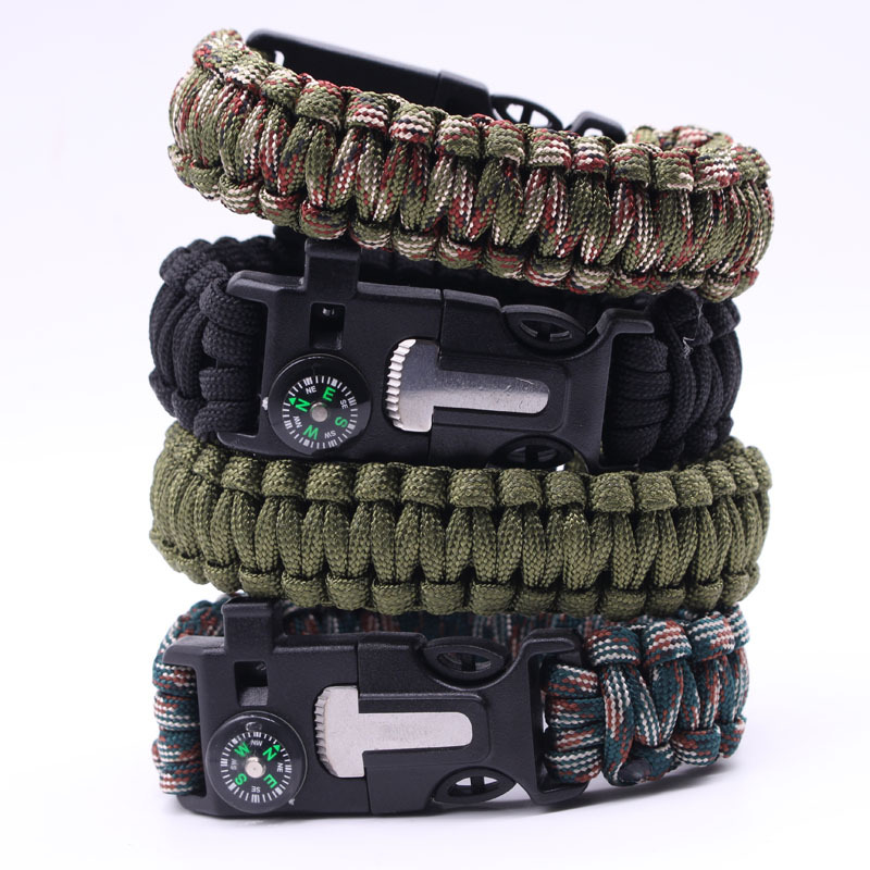 Wholesale Outdoor Equipment Escape Mountaineering Carrying Strap Seven-Core Parachute Cord with Whistle Survival Firestone Woven Bracelet