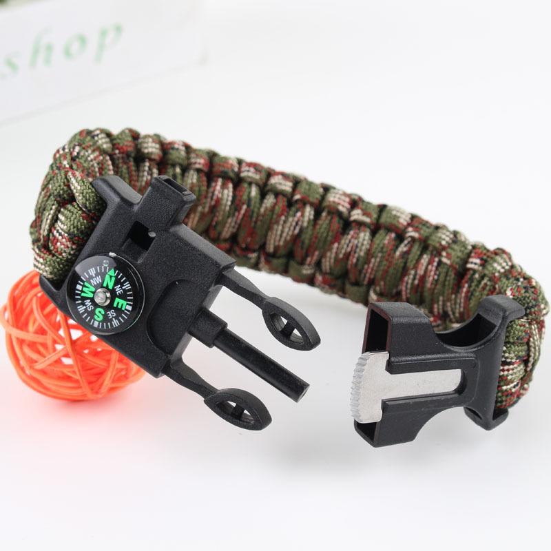 Wholesale Outdoor Equipment Escape Mountaineering Carrying Strap Seven-Core Parachute Cord with Whistle Survival Firestone Woven Bracelet