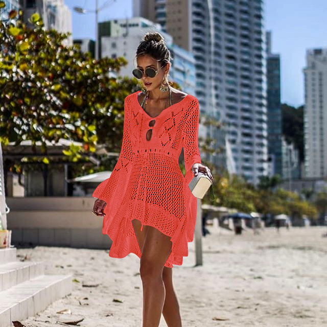 New Hollow Knitted Dress Bell Sleeve Beach Jacket Sexy Bikini Cover SunProof Clothing Swimsuit Outdoor New Hollow Knitted Dress Bell Sleeve Beach Jacket Sexy Bikini Cover SunProof Clothing Swimsuit Outdoor