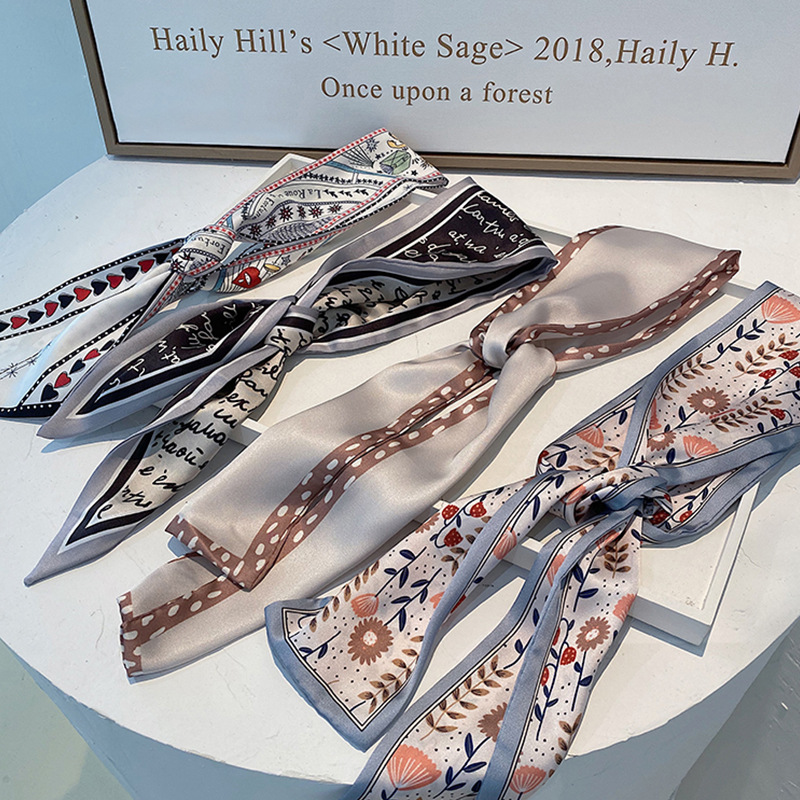 South Korea Dongdaemun Geometric Thin Long Narrow Scarf Retro French Arm Bag Ribbon Scheming Printing Headband Headwear Women