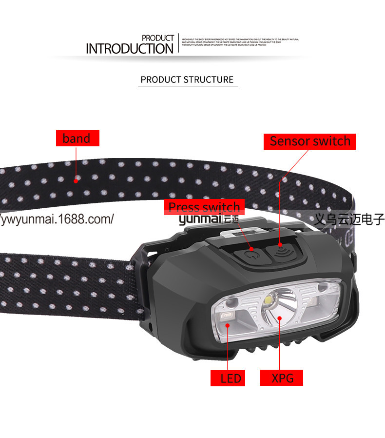 Cross-Border XPG Strong Light Sensor Headlamp LED Outdoor Camping Light Fishing Head-Mounted Strong Light Led Red Light Headlamp