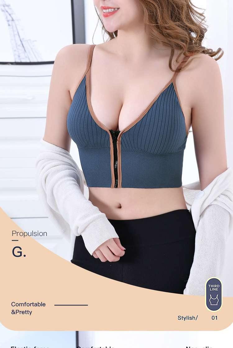 2021 Summer New Deep V Front Zipper Beautiful Back Wrapped Chest Women's Small Breast Push up Underwear Anti-Slip Sling Vest Summer
