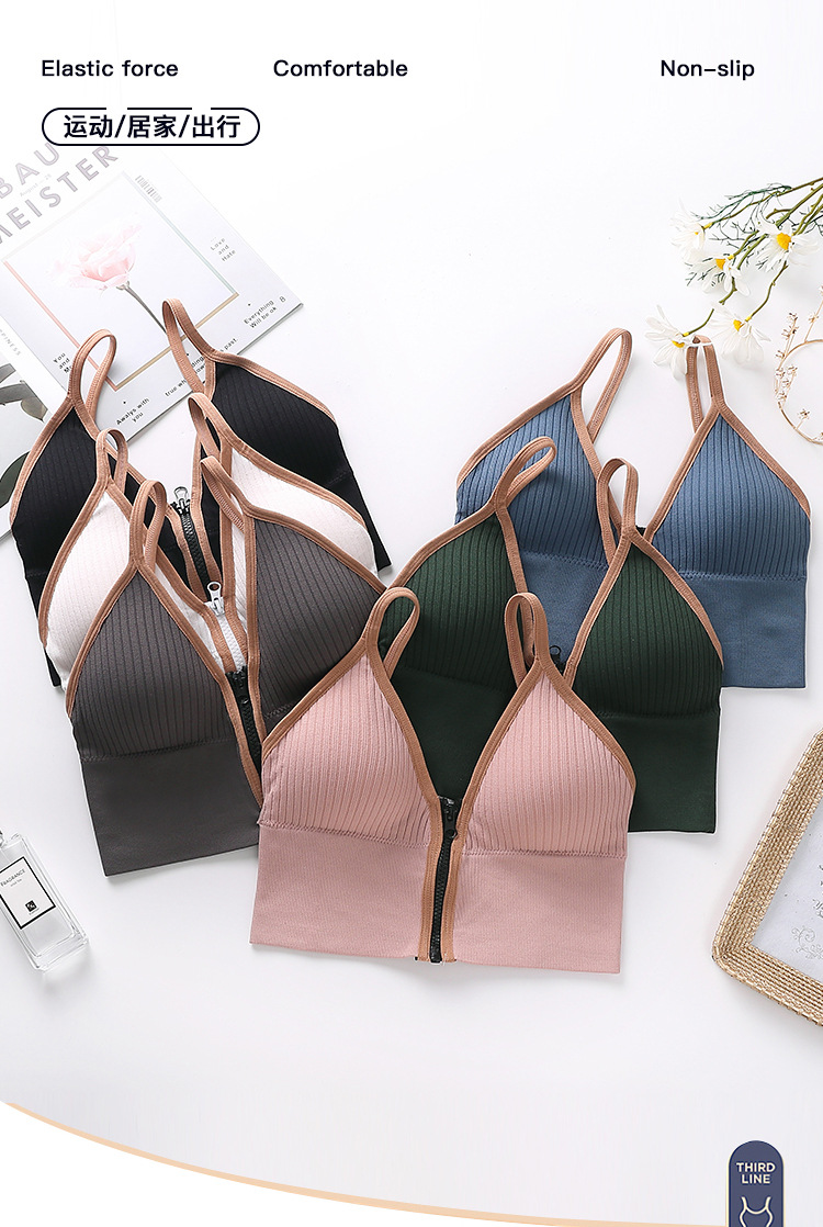 2021 Summer New Deep V Front Zipper Beautiful Back Wrapped Chest Women's Small Breast Push up Underwear Anti-Slip Sling Vest Summer