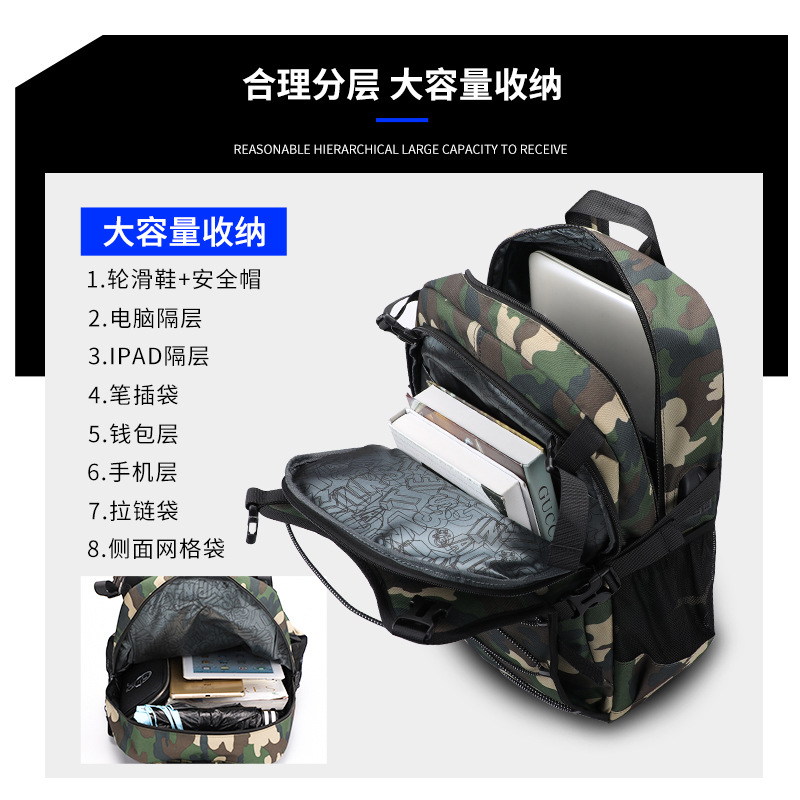 Spot Outdoor Camouflage Roller Skating Bag Shoulder USB Charging Multifunctional Sports Backpack Pattern Speed Skating Ice Skates Bag