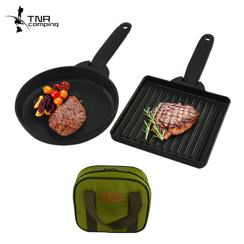 TNR Outdoor Camping Picnic Barbecue Cookware Cast Iron Baking Pan Fry Pan Frying Pan Picnic Cooking Utensils Portable Set