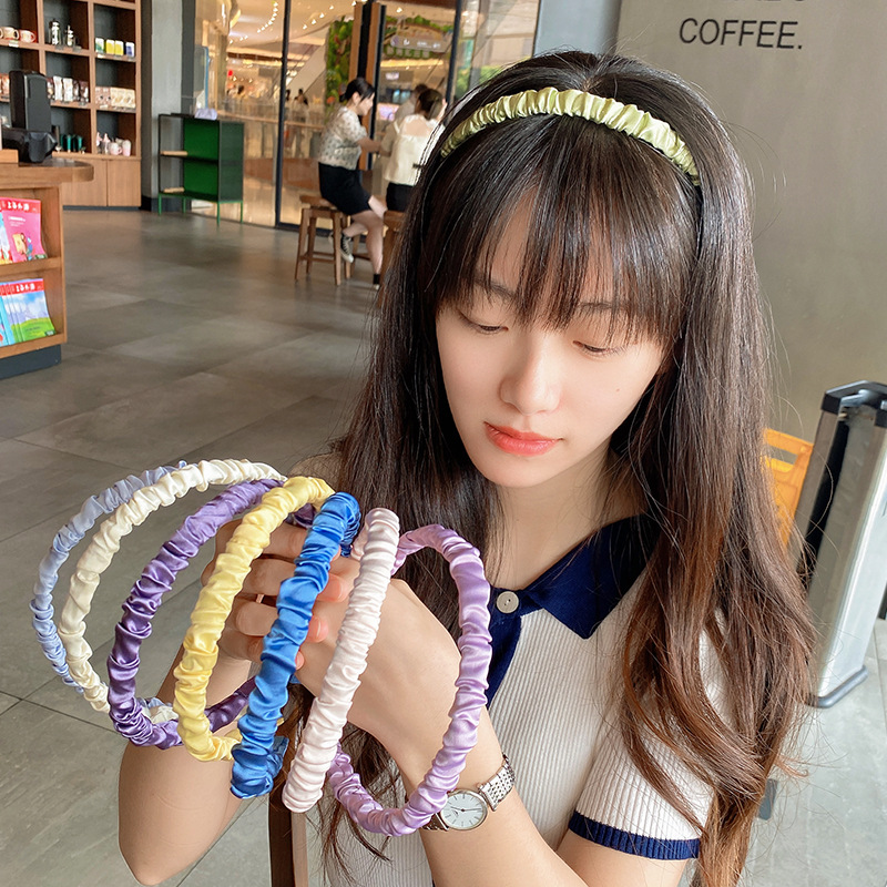 Headband Female Super Fairy Mori Style Outing Cream Color Sweet Satin Pleated Simple Color Korean Headband Face Wash Hair Accessories