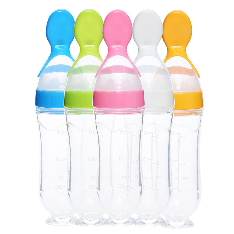 Baby with suction cup rice paste bottle soft silica gel Baby auxiliary food god extruded tumbler type rice such as \&#034;bean tool
