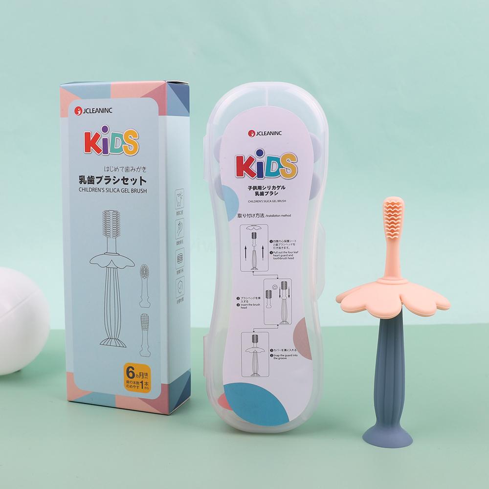 Silicone baby toothbrush set with soft adhesive 3 replacement head box with cartoon suction cup soft baby baby baby tooth brush