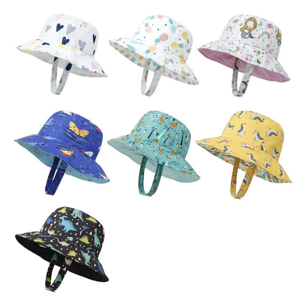 2021 Children's Printing Bucket Hat Baby Hat Spring and Summer Double-Sided Sun Hat Outdoor Cartoon Flower Printing Bucket Hat