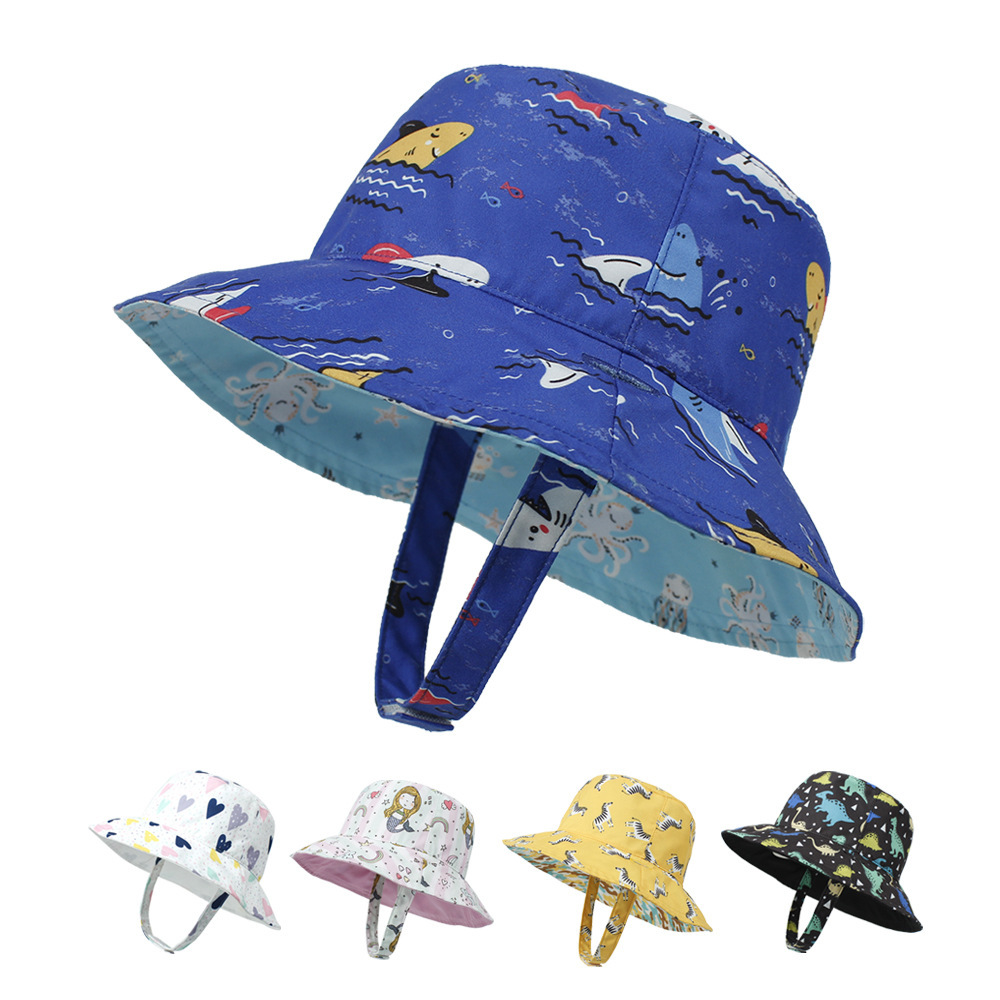 2021 Children&#039;s Printing Bucket Hat Baby Hat Spring and Summer Double-Sided Sun Hat Outdoor Cartoon Flower Printing Bucket Hat