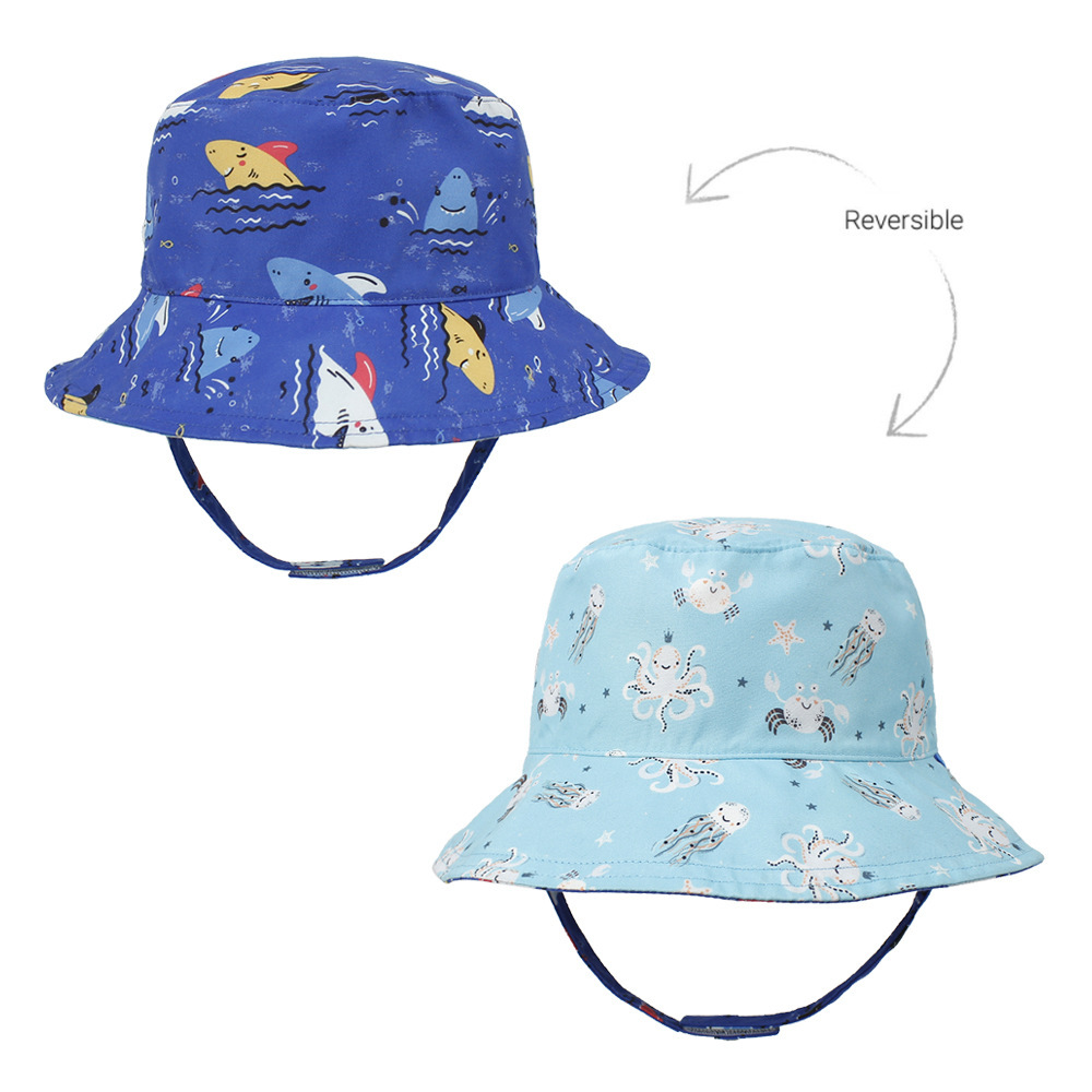 2021 Children's Printing Bucket Hat Baby Hat Spring and Summer Double-Sided Sun Hat Outdoor Cartoon Flower Printing Bucket Hat