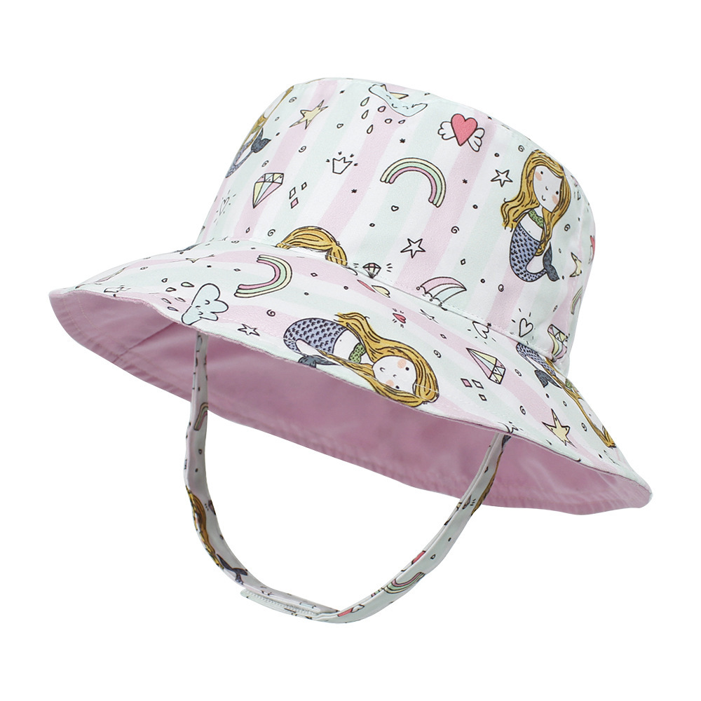 2021 Children's Printing Bucket Hat Baby Hat Spring and Summer Double-Sided Sun Hat Outdoor Cartoon Flower Printing Bucket Hat