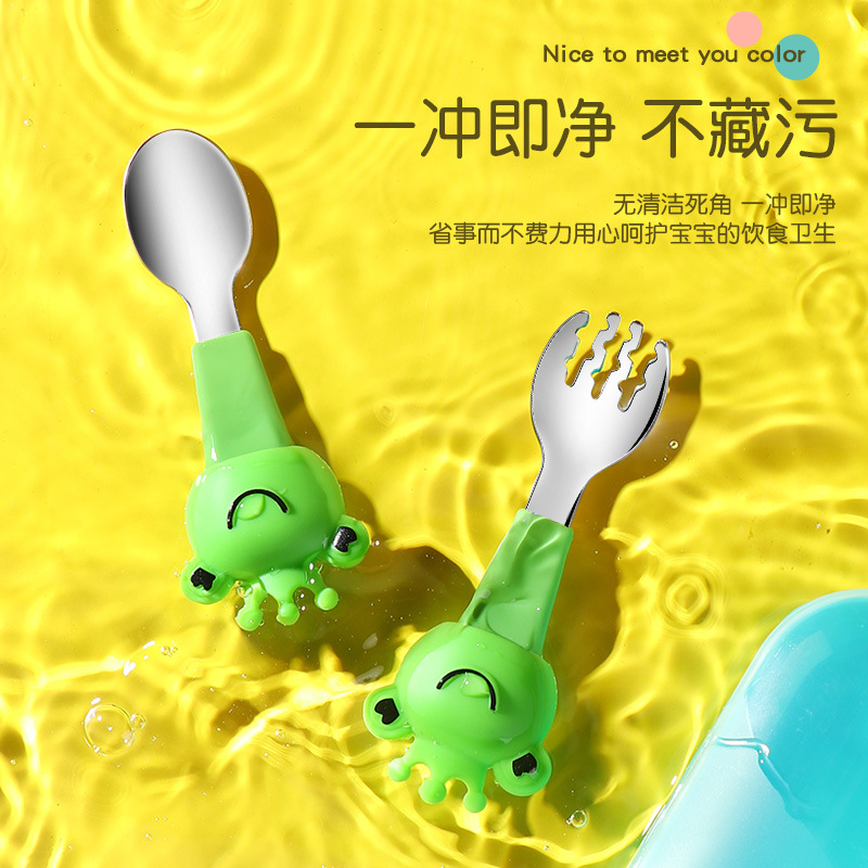 Cartoon Baby Forks and Spoons Set Baby Food Supplement Training Children Tableware Feeding Food Supplement Frog Lion Practice Fork Spoon