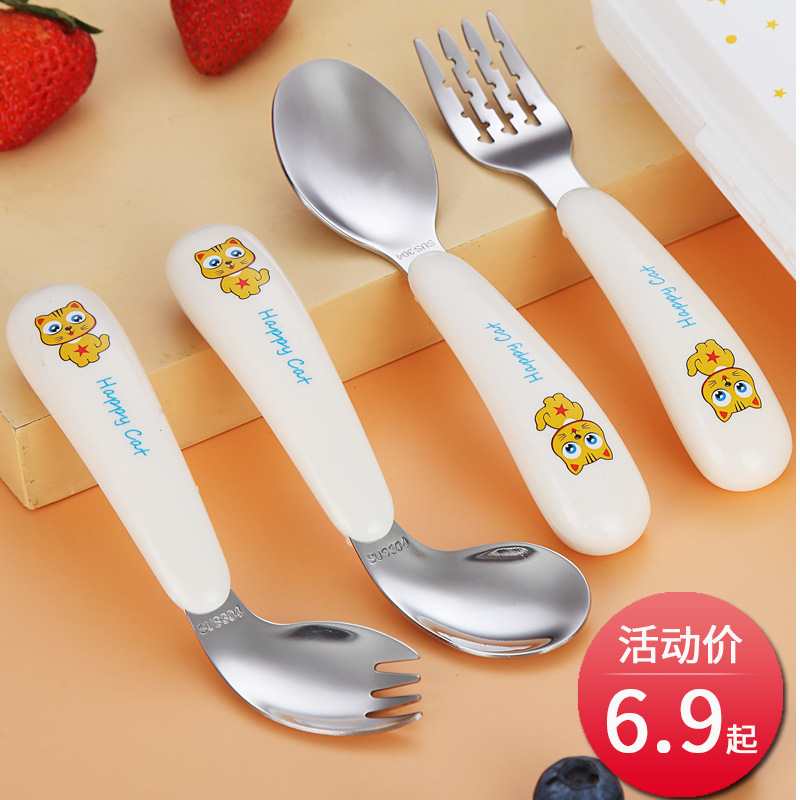 Baby Spoon Eat Learning Training Children &#039;S Fork Stainless Steel Self-Eating Baby Forks And Spoons Tableware Set Curved