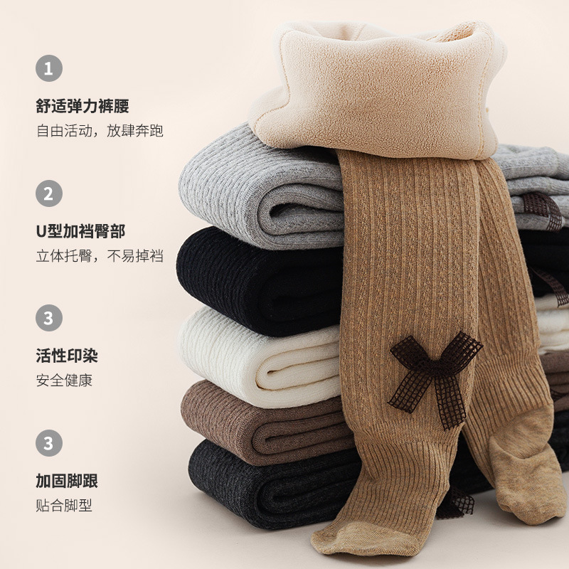 21 Autumn and Winter Fleece-Lined Thickened Children&#039;s Pantyhose Girls&#039; Bow Leggings Baby and Infant Socks Wholesale