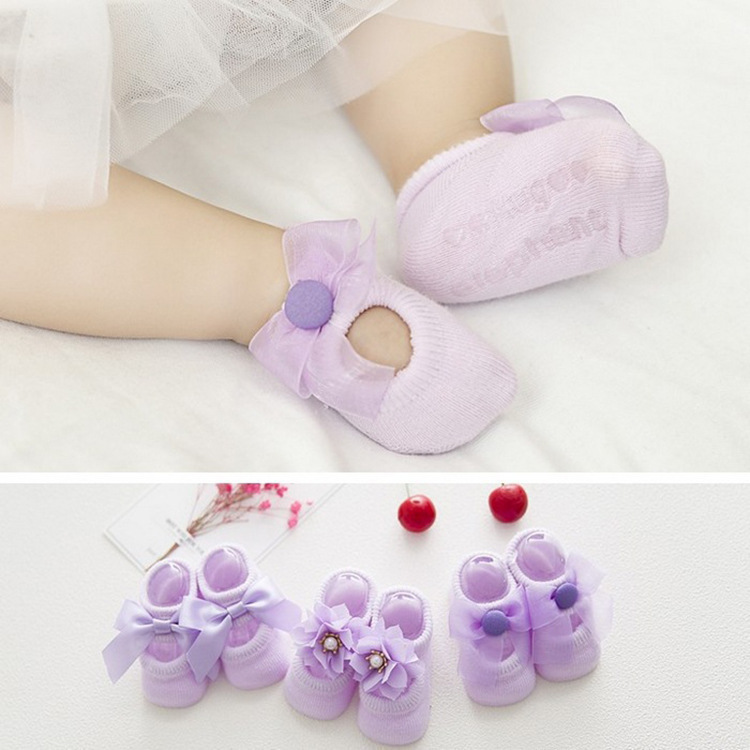 Spring and Autumn Hollow Flower Hole Baby Floor Socks Glue Dispensing Non-Slip Infant Socks Lace Bow Children&#039;s Socks