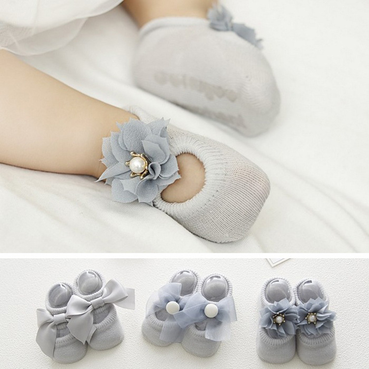Spring and Autumn Hollow Flower Hole Baby Floor Socks Glue Dispensing Non-Slip Infant Socks Lace Bow Children&#039;s Socks