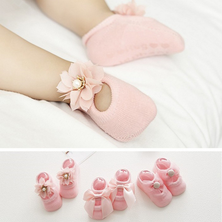 Spring and Autumn Hollow Flower Hole Baby Floor Socks Glue Dispensing Non-Slip Infant Socks Lace Bow Children&#039;s Socks