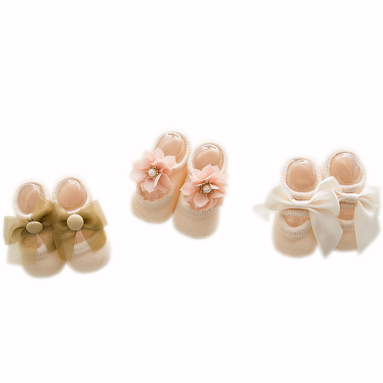 Spring and Autumn Hollow Flower Hole Baby Floor Socks Glue Dispensing Non-Slip Infant Socks Lace Bow Children&#039;s Socks