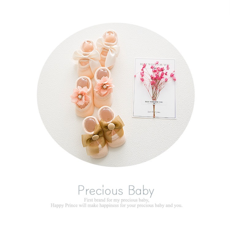 Spring and Autumn Hollow Flower Hole Baby Floor Socks Glue Dispensing Non-Slip Infant Socks Lace Bow Children's Socks