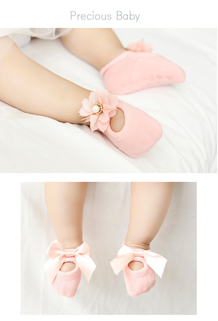 Spring and Autumn Hollow Flower Hole Baby Floor Socks Glue Dispensing Non-Slip Infant Socks Lace Bow Children's Socks