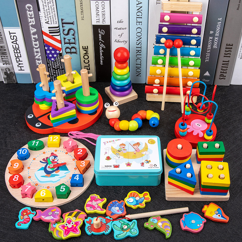 Infant Children&#039;s Eight-Tone Toy Piano Beaded Toy Worm Rainbow Tower Fishing Early Education Educational Wooden Toys